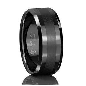 Men's Wedding Band - Black Brushed Center Ring for Men - Wedding Rings